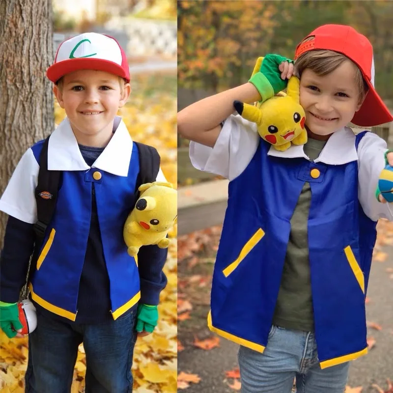 Anime Blue JacketP-PokemonING Go Men Cosplay Costume Boys Ash Ketchum For Halloween Party Trainer Gloves Cap Set Christmas Gift