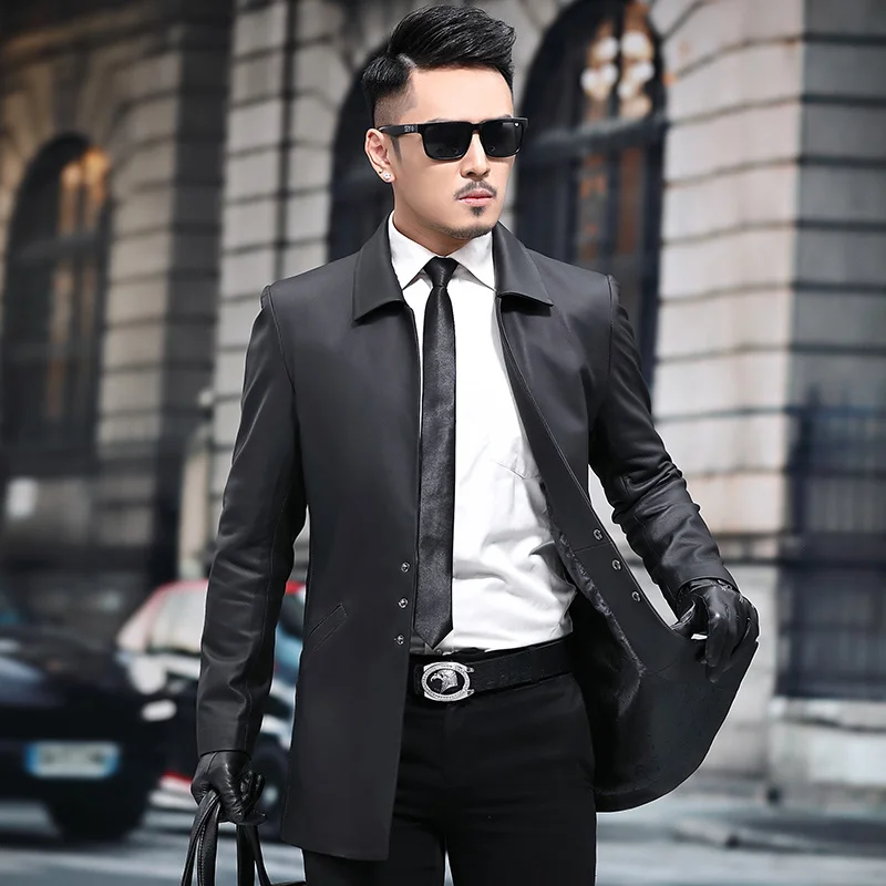 Matte Trench Coat Mens Long Type Fashion Casual Slim Genuine Leather Clothes