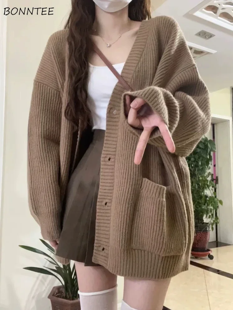 

Cardigan Women Loose Simple Outwear Autumn Warm Knitting Design Pockets Leisure Korean Style All-match Stylish Tender Students