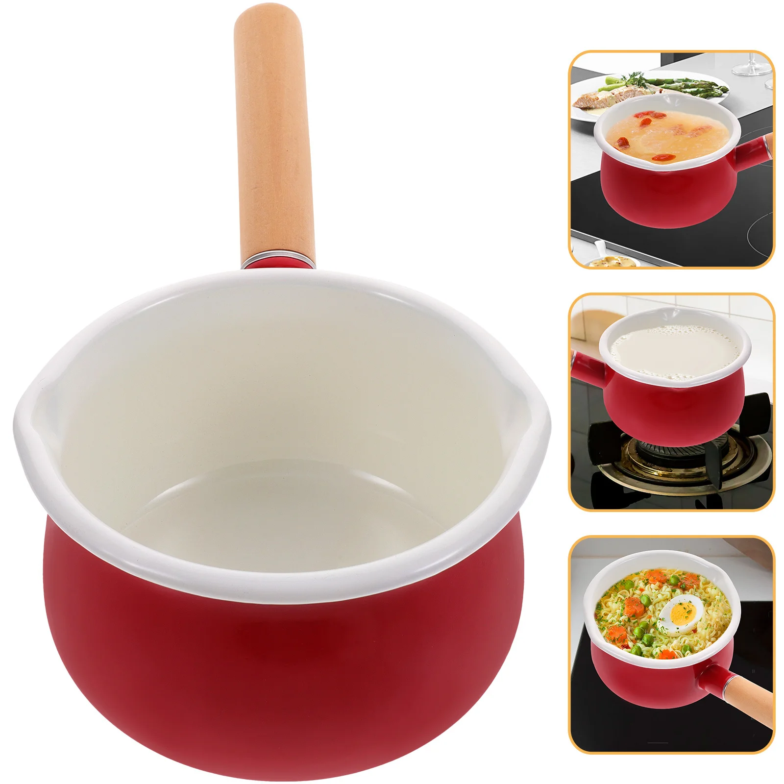 

Non-Stick Enamel Milk Pot Wood Handle Small Cooking Pot for Soup Noodles Food Rust Resistant Practical