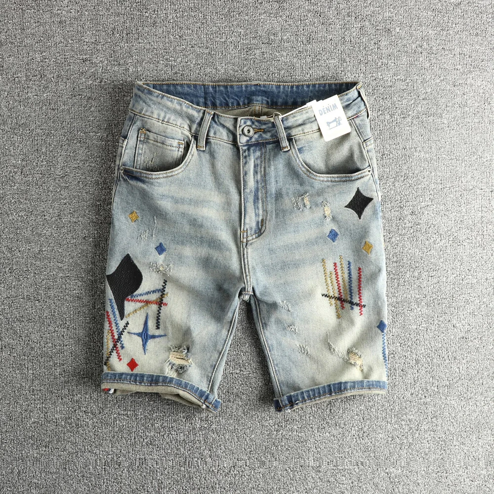 여름 뉴 아메리칸 레트로 자수 데님 카고 반바지 남성 패션 93% 코튼 워시 올드 홀 스트레이트 캐주얼 5 포인트 바지