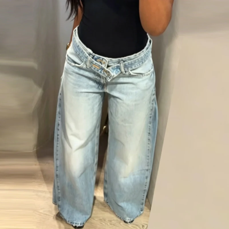 HXAO Blaue Baggy Jeans Damenhose Sommer 2026 Damenmode Mittlere Taille Weites Bein Gürtel Denim Hose Lässige Y2K Streetwear Hose – Detail 8