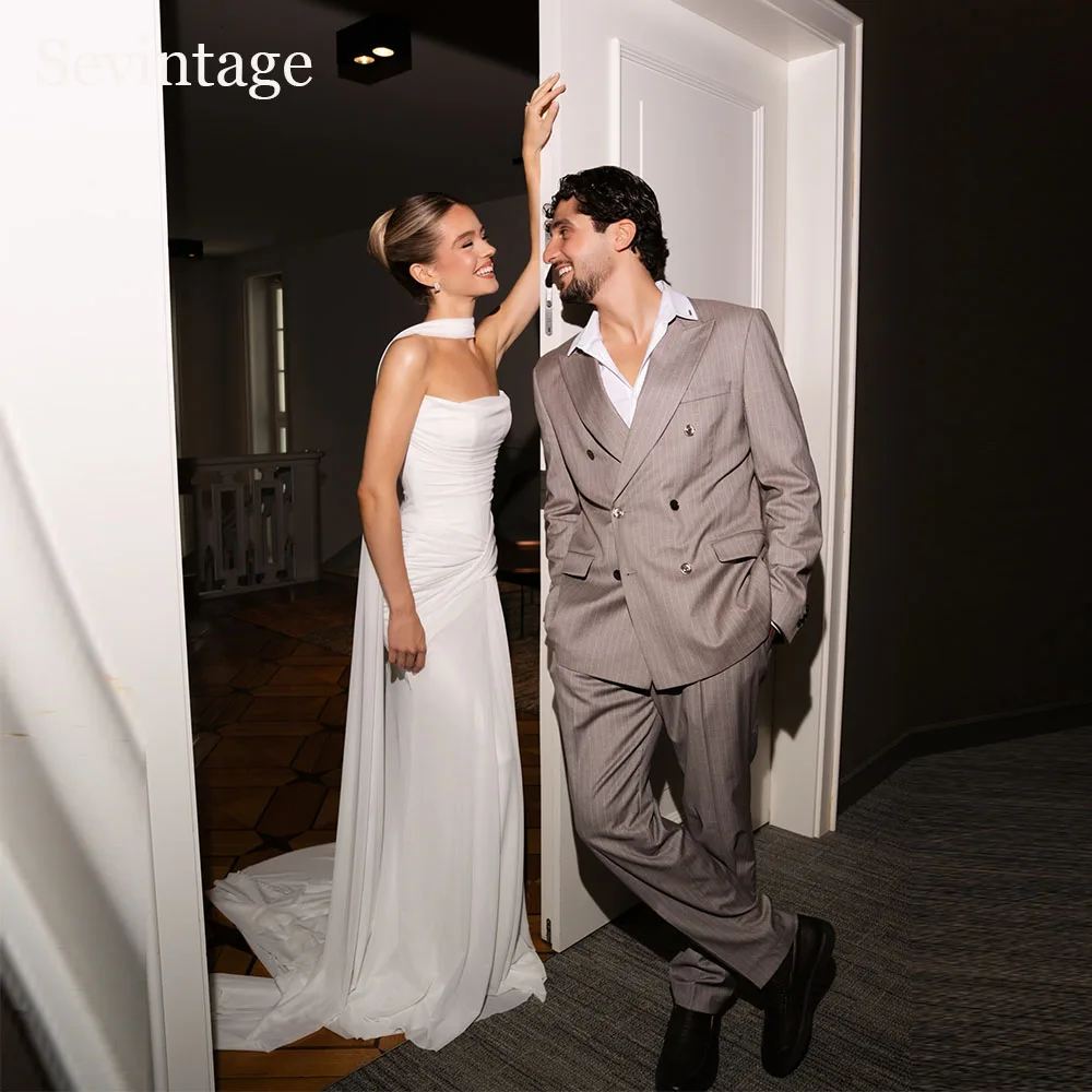 Sevintage Elegant Chiffon Wedding Dresses Sleeveless A-Line Pleated Bridal Gowns Scarf Simple Wedding Gowns Women Customized