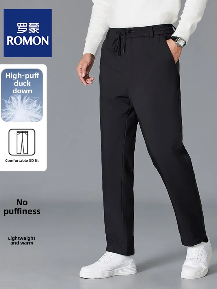 

Lormen Men's Winter Thiened down Pants White Du Feather Casual Trousers Elastic Waist Straight Leg Pants Faion Urban Sle