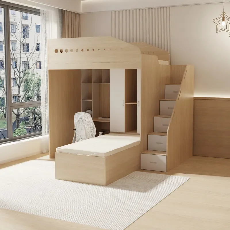 Multifunctional Wooden Kids Loft Bed with Stairs & Storage Drawers Children Bunk Bed with Desk Wardrobe and Single Bed