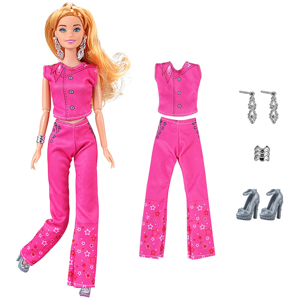 

NK Official 1 Set Fashion Doll Clothes for 30cm Doll Pink Top+ Pants+Earrings+Bracelets+high heels For 1/6 Dolls Accessories