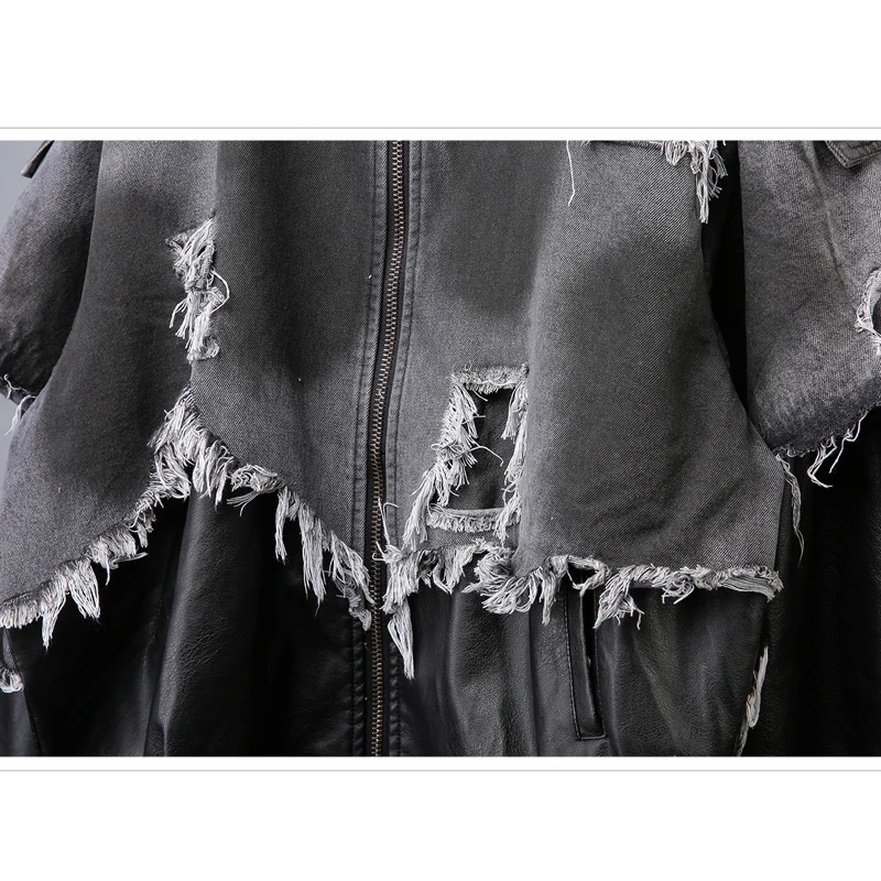 Vintage Distressed PU Leather Patchwork Denim Jacket Hooded Coat