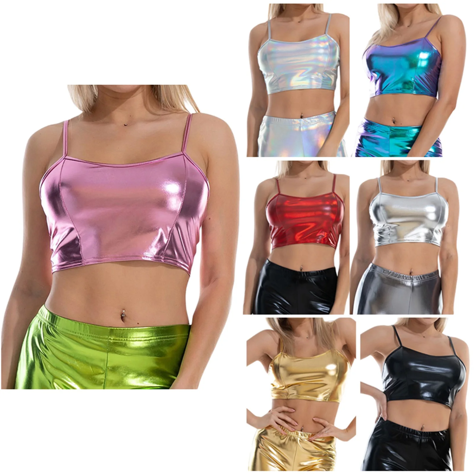 Women's Sexy Camisole Spaghetti Straps Sleeveless Metallic Laser Color Cropped Cami Tops