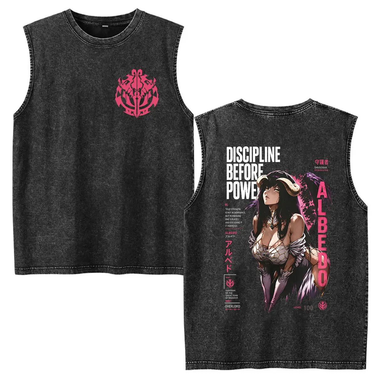 Anime Albedo Overlord Washed Vest T Shirt Men Women's Vintage Fashion Clothing T-shirts Tank Top 100% Cotton Oversized T-shirt