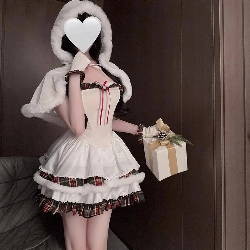 Winter Cute Christmas White Plush Ruffle Shawl Dress Women Sweet Santa Claus Cosplay Costume Mrs Claus Party Mini Dress Cloak