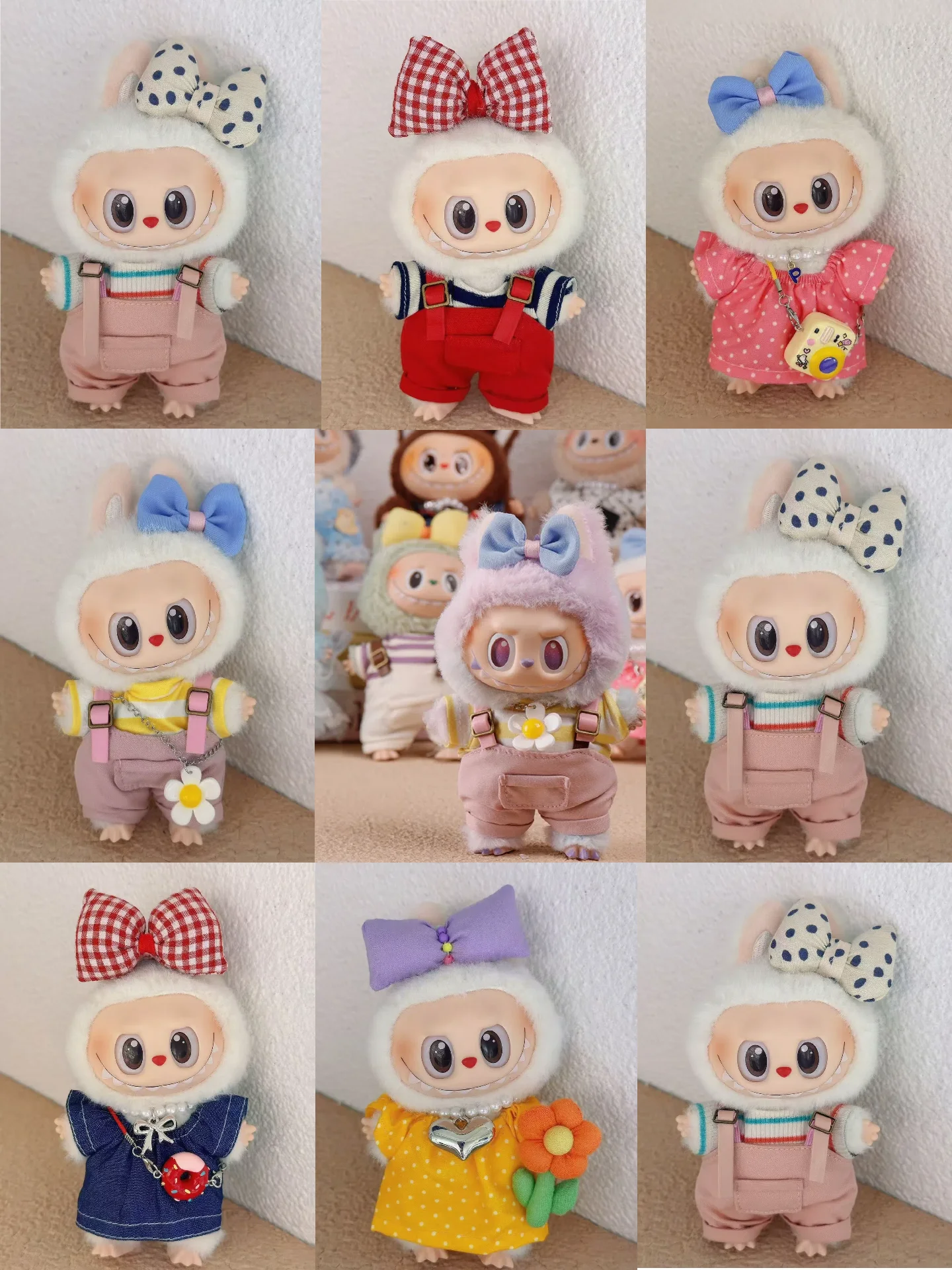 Conjunto de monos juguetones para muñeca Labubu de 15/17cm con bonita pinza para el pelo, ropa Labubu, accesorio para muñeca Kawaii