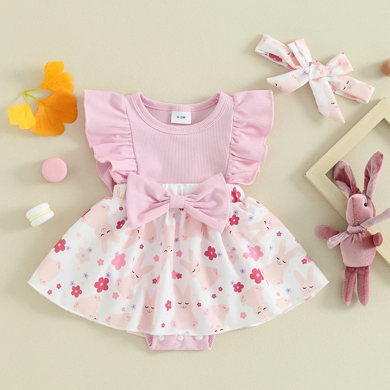 Newborn Infant Baby Girl Romper Flower Easter  Outfit Summer Bodysuit Floral Jumpsuit Clothes Hairband