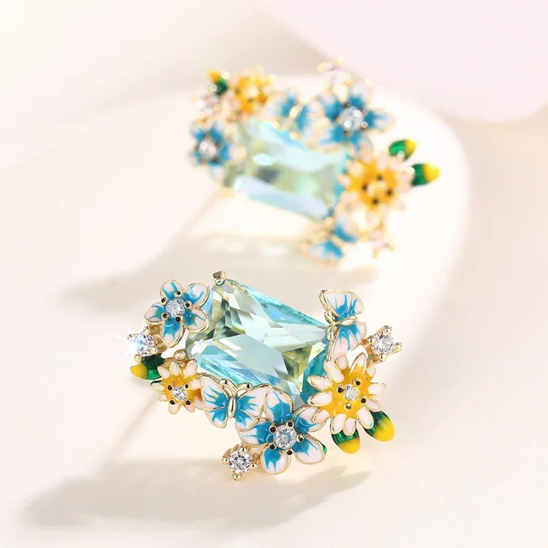 Huitan Blue Yellow Flowers Enamel Earrings with Big Sky Blue CZ Aesthetic Drop Earrings for Women Wedding Party Unique Jewelry