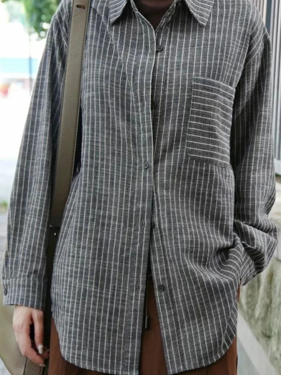 

Fall 2024 New Women's Retro Striped Simple Casual Loose Slimming irt Commute Sle Long Sve Collar Mid-Length irt