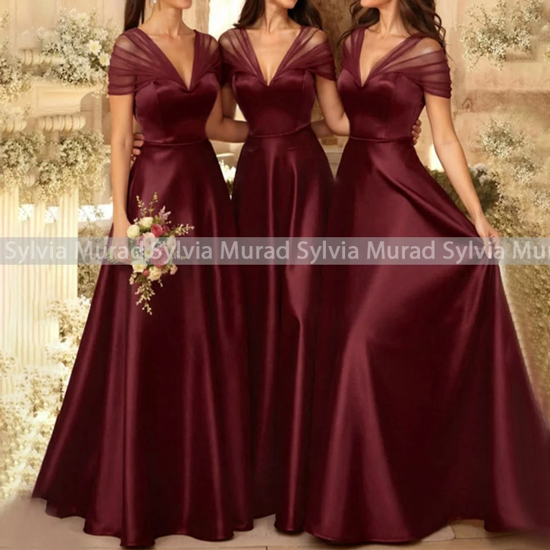 Burgundy A Line Bridesmaid Dresses Deep V Neck Long Illusion Short Sleeves Customized Plus Size Women Wedding Party Dress