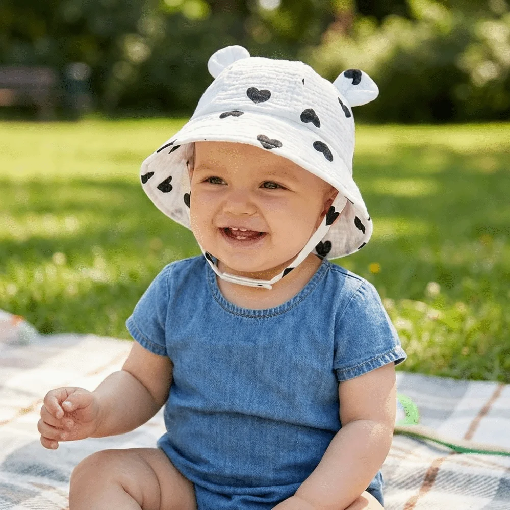 

Хлопковая детская пляжная шляпа унисекс с принтом, регулируемая, дышащая, мягкая, с ушками кролика, для детей