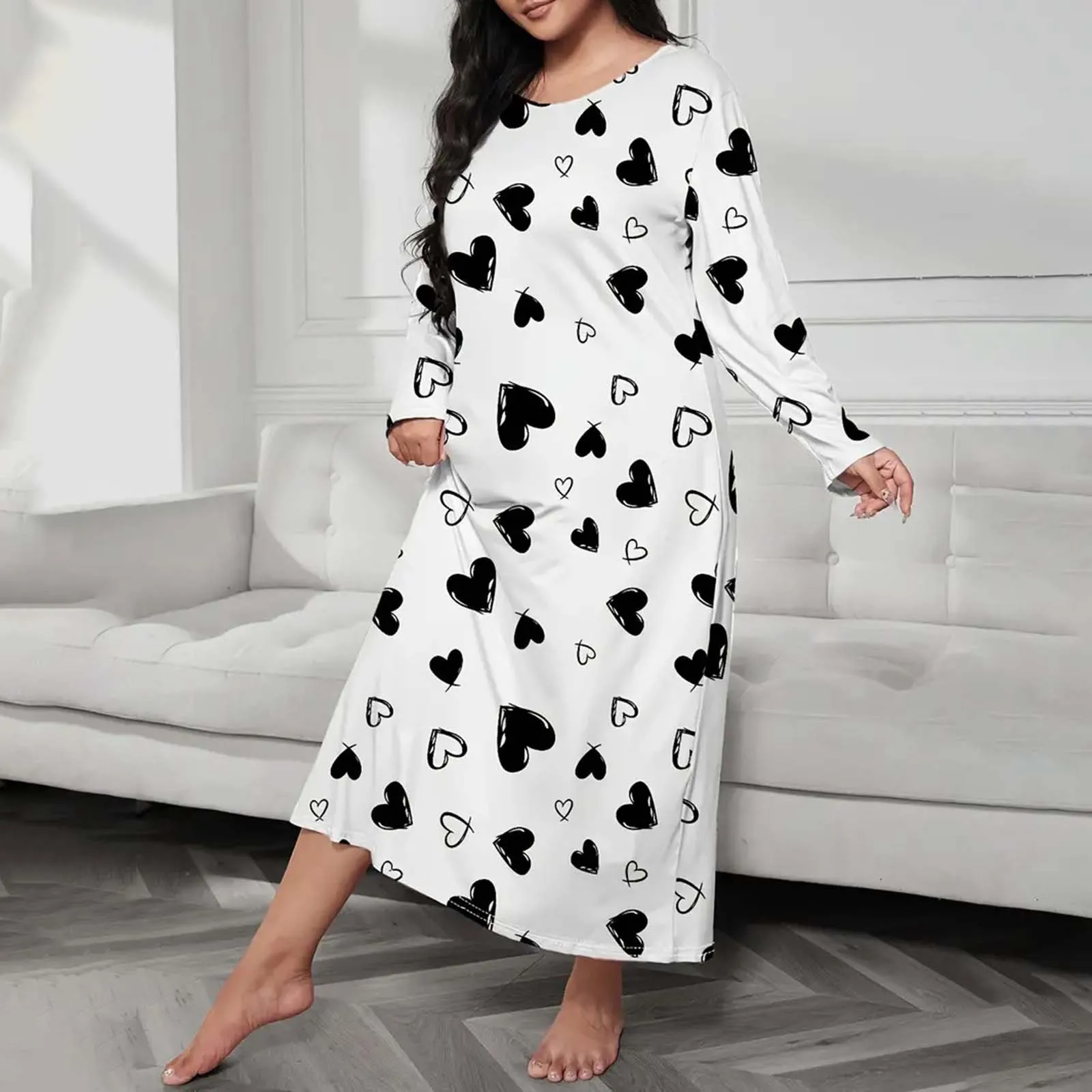 Plus Size Casual Sleep Dress Women\'s Plus Heart Print Long Sleeve Round Neck Medium Sleepwear Summer Women Woman\'s Nightgown