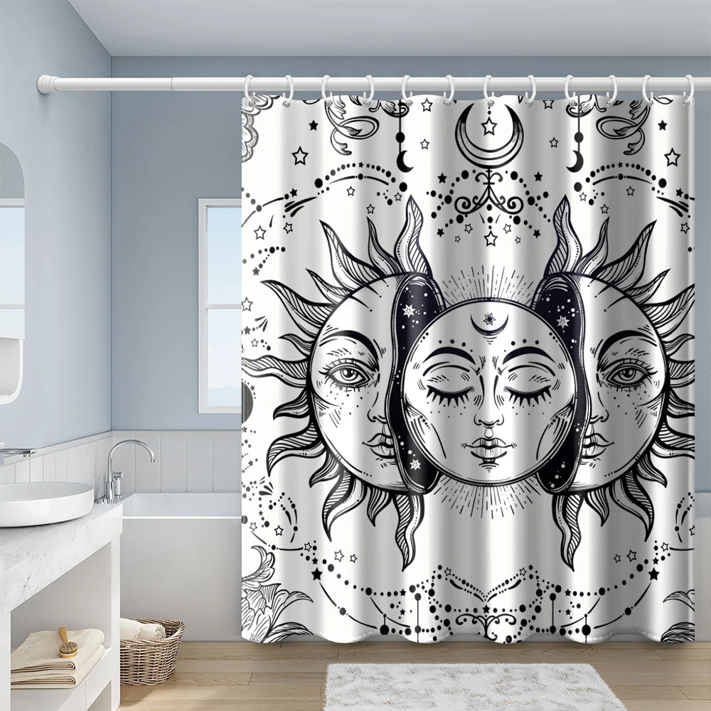 Sun Moon Stars Decorative Pattern Shower Curtains Bathroom Curtain Frabic Waterproof Polyester Bath Curtain with Hooks