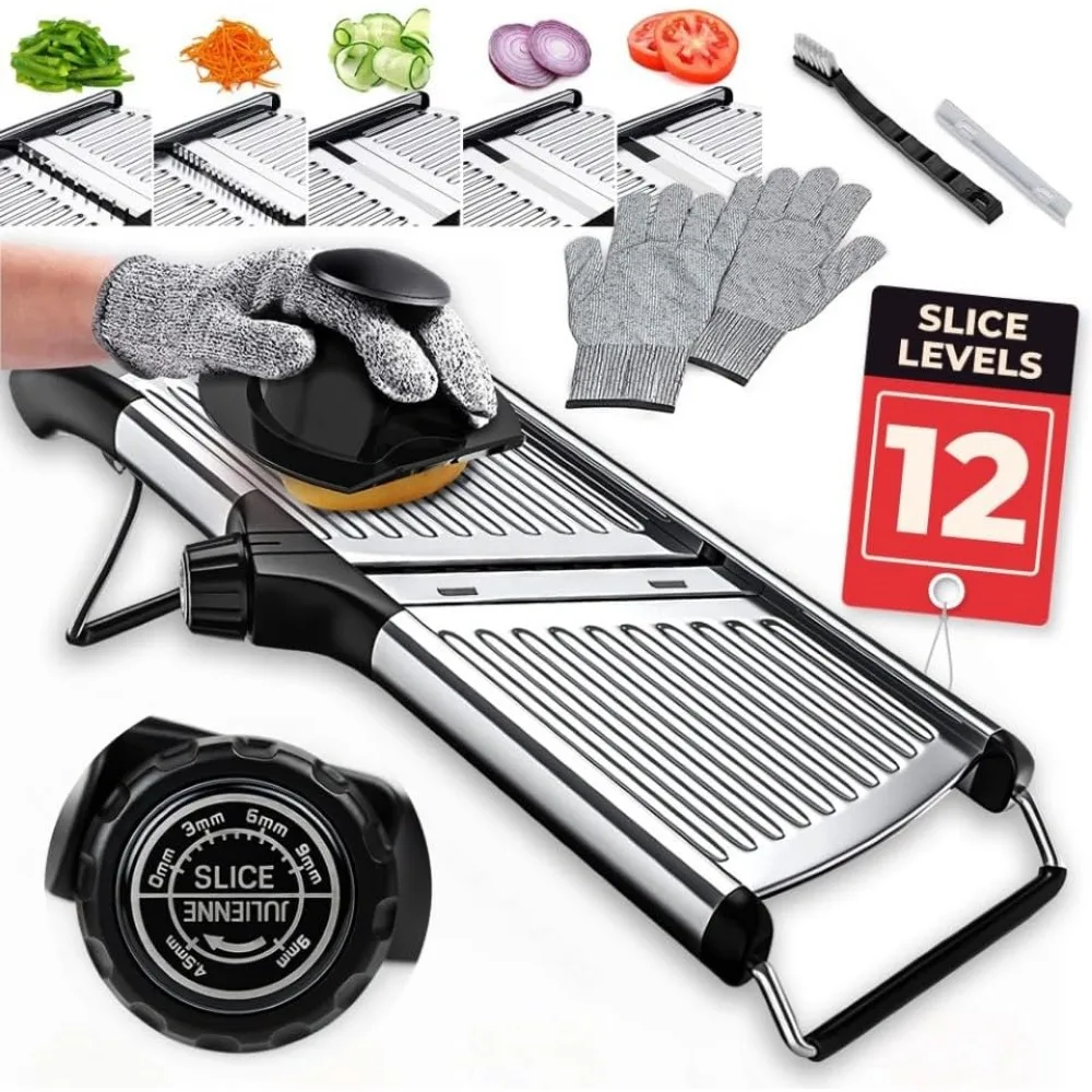 

Adjustable Mandoline Slicer for Kitchen, Cuts Potatoes, Tomatoes, Carrots, Fruits & Onions - Includes Cut-Resistant Gloves