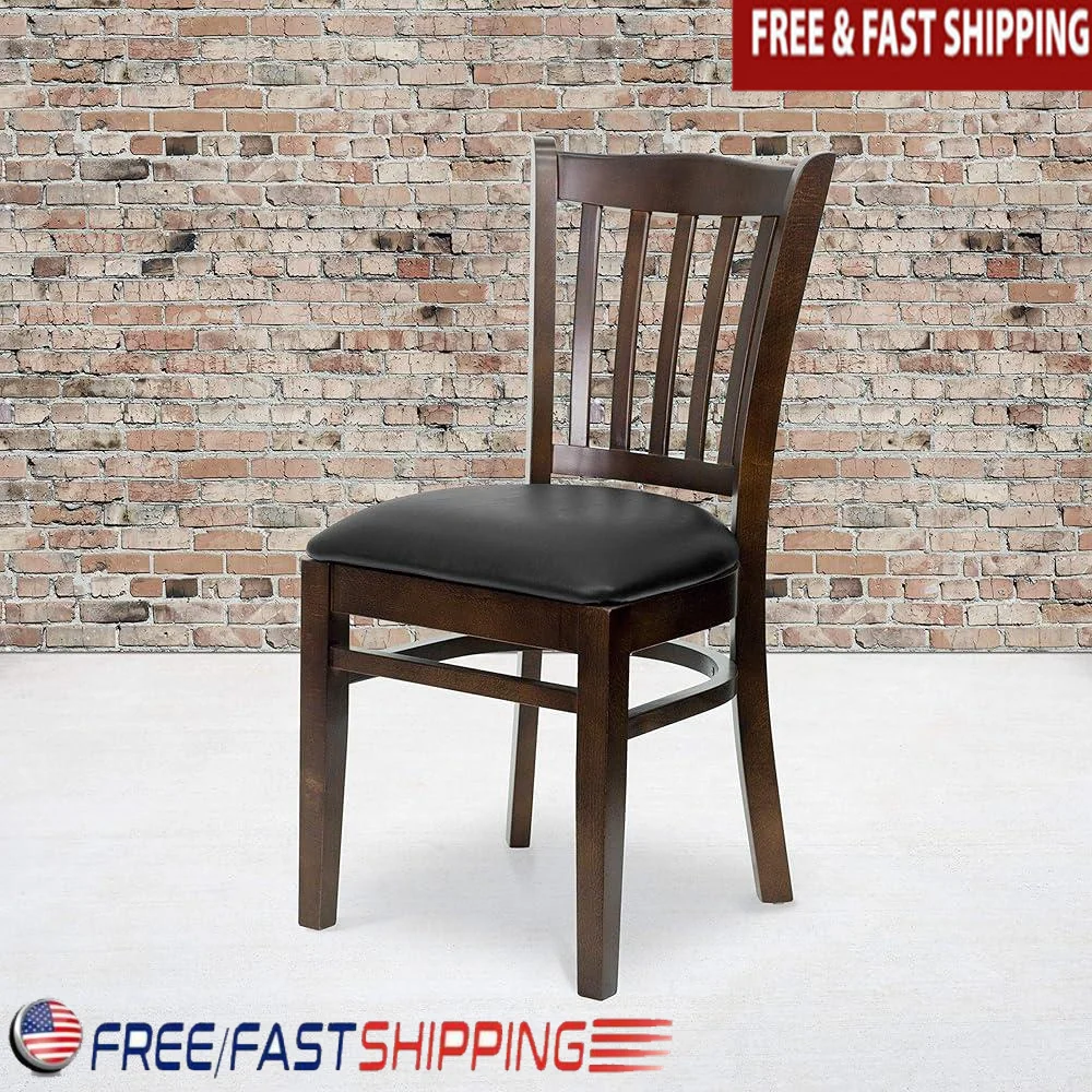 

Set of 2 Vertical Slat Back Chairs Walnut Wood Frame Vinyl Seat Ideal Restaurant Kitchen Dining Room