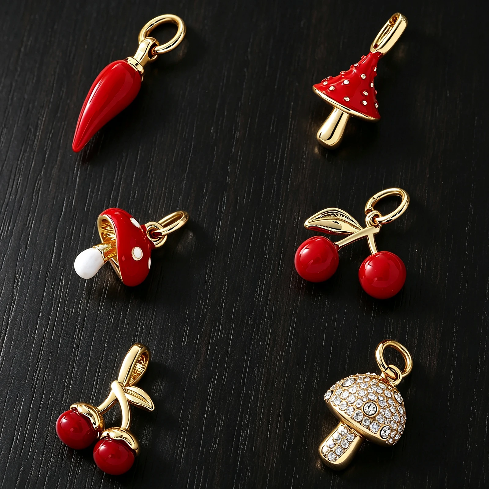 SUNSLL 5pcs/Lot Gold Plated Zircon Inlaid Cute Mushrooms Chili Peppers Cherries Pendant Party Jewelry Gift For Women Men