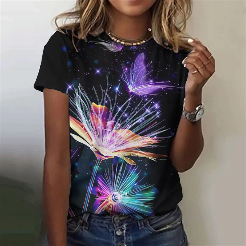 Harajuku New 3D Flower Butterflies Printing T Shirt Floral Graphic T-shirts Women Fashion Short Sleeves Girl Tee Shirts Clothing