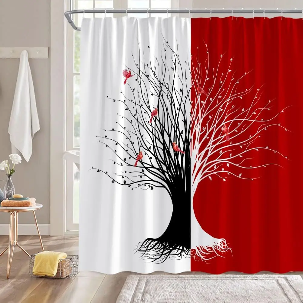 

Занавеска для душа «Дерево Птица» Абстрактное дерево Лесной ствол Красный Черный Белый Геометрический Осень Зима Рождественская тканевая занавеска с крючками для