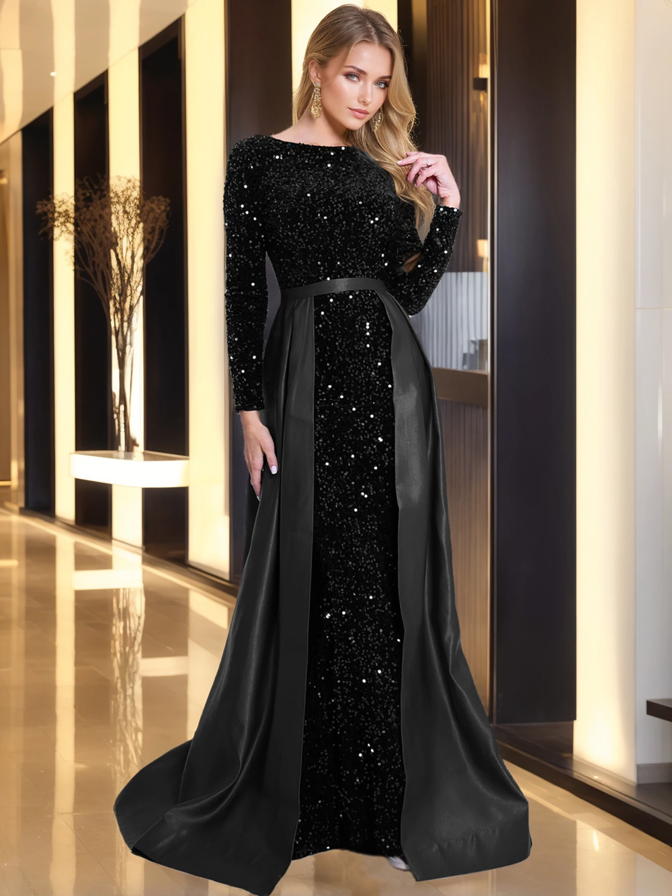 Romagic Modest Stretch Sequin Full Sleeve Evening Party Gown Mermaid Formal Prom Dress Detachable Train Elegant Dresses 2024