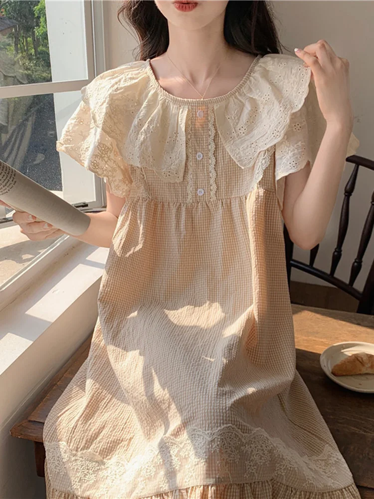 Lace Plaid Princess Flying Fleeves Sweet Spring Summer NightDress Women Korean Simple Kawaii Comfortable Casual Loose Sleepwear