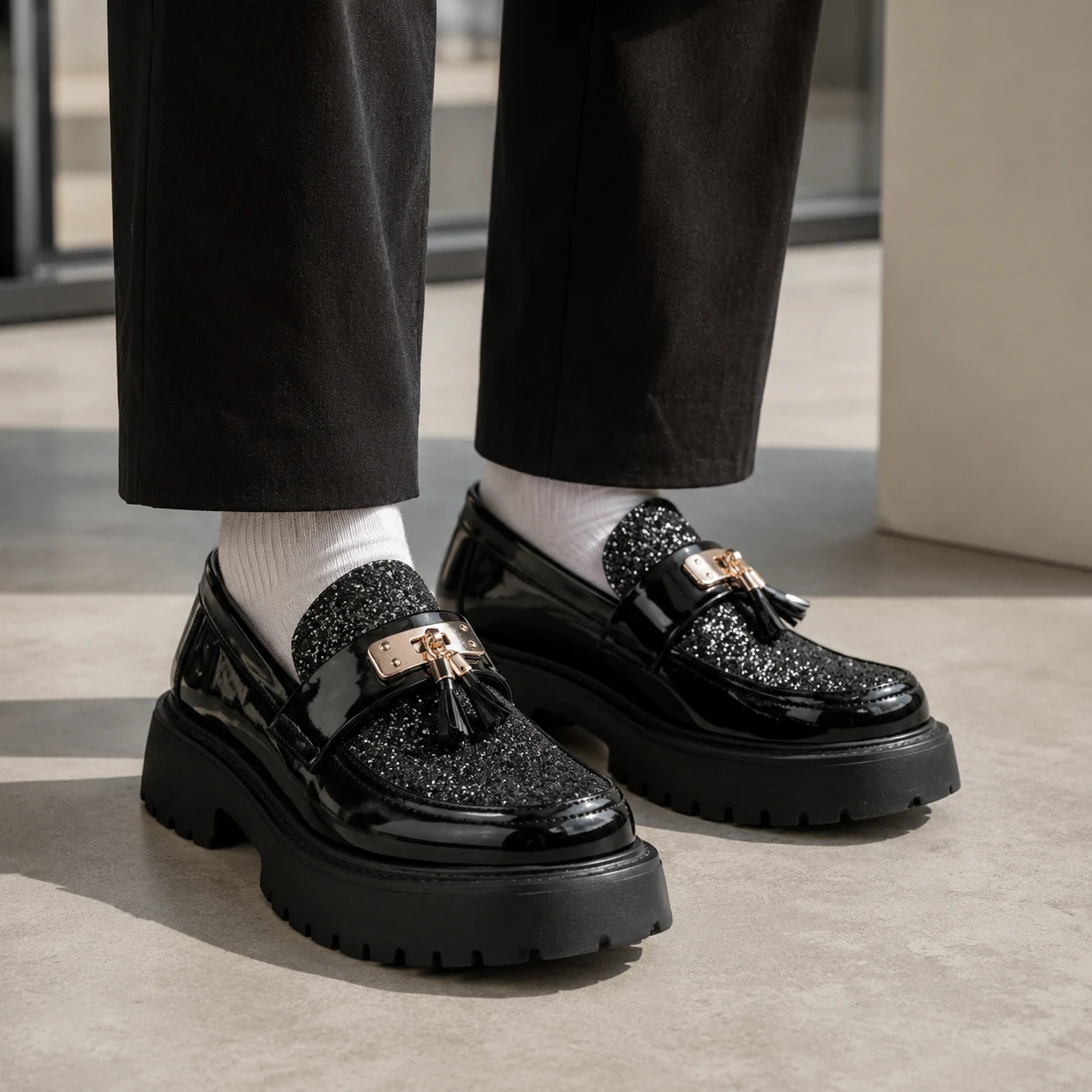 Premium Men's Shiny Platform Tassel Loafers Slip‑On Patent Leather Glitter Thick Sole Casual Dress Shoes White Large Size 39‑46