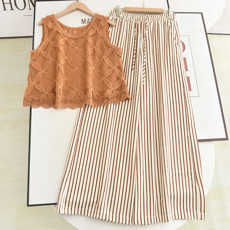 

Оранжевый кружевной укороченный топ и жилет, комплект с высокой талией, широкие брюки, полосатая внутренняя одежда, модный женский ансамбль, лето 2025 г.