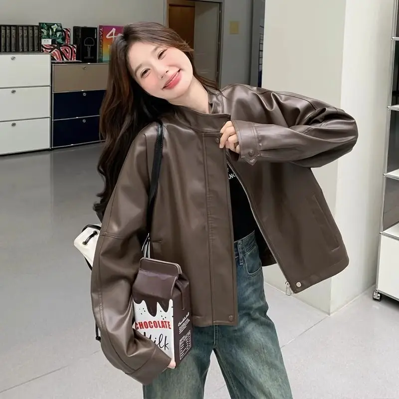 Café Brown Leather Jacket Women's Biker Short Style American Retro Popular This Year Hong Kong Style Inner Sleeve Other Material