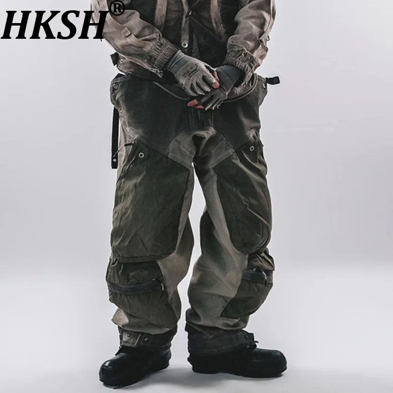 

HKSH весна лето новые мужские потертые винтажные трехмерные лоскутные карманы на шнурке Techwear панк темные брюки-карго HK8007