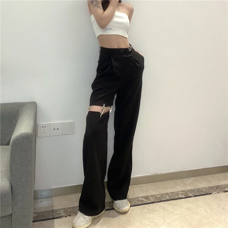 Hip Hop Buckle Pants Women Hollow Out Loose High Waist Slim Straight Leg Pants Asymmetry Streetwear Black Gothic Punk Trouser