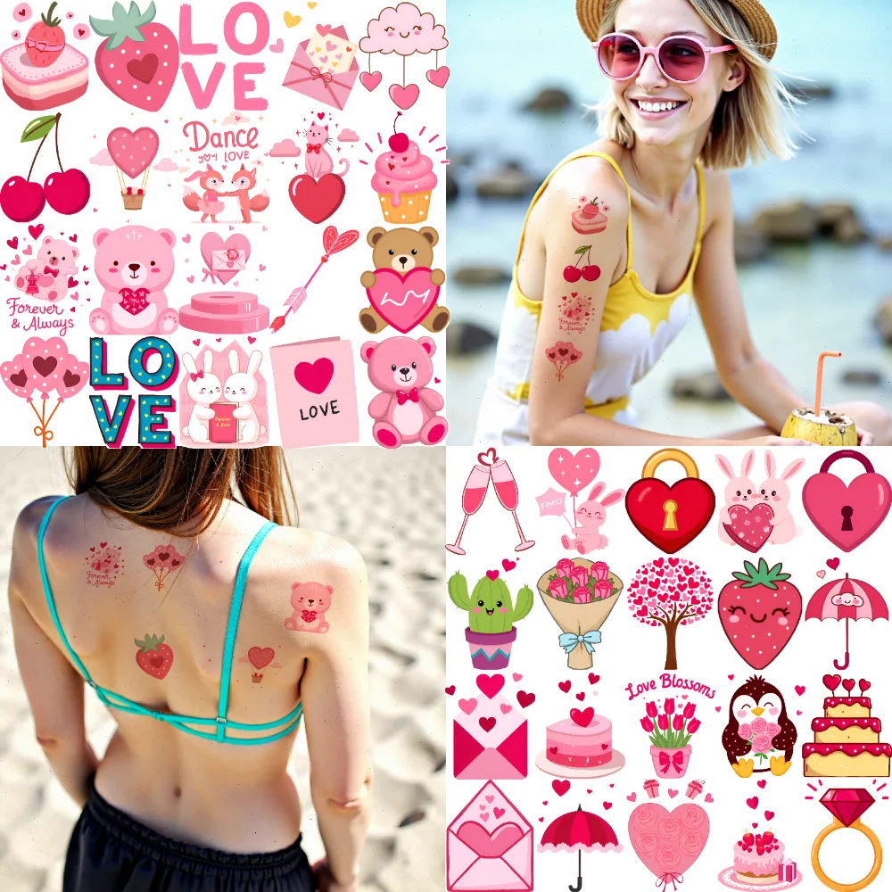 

54pcs Temporary Tattoo Valentine Illustrations Cartoon Love Symbols Waterproof Long-lasting Body Stickers For Shoulders