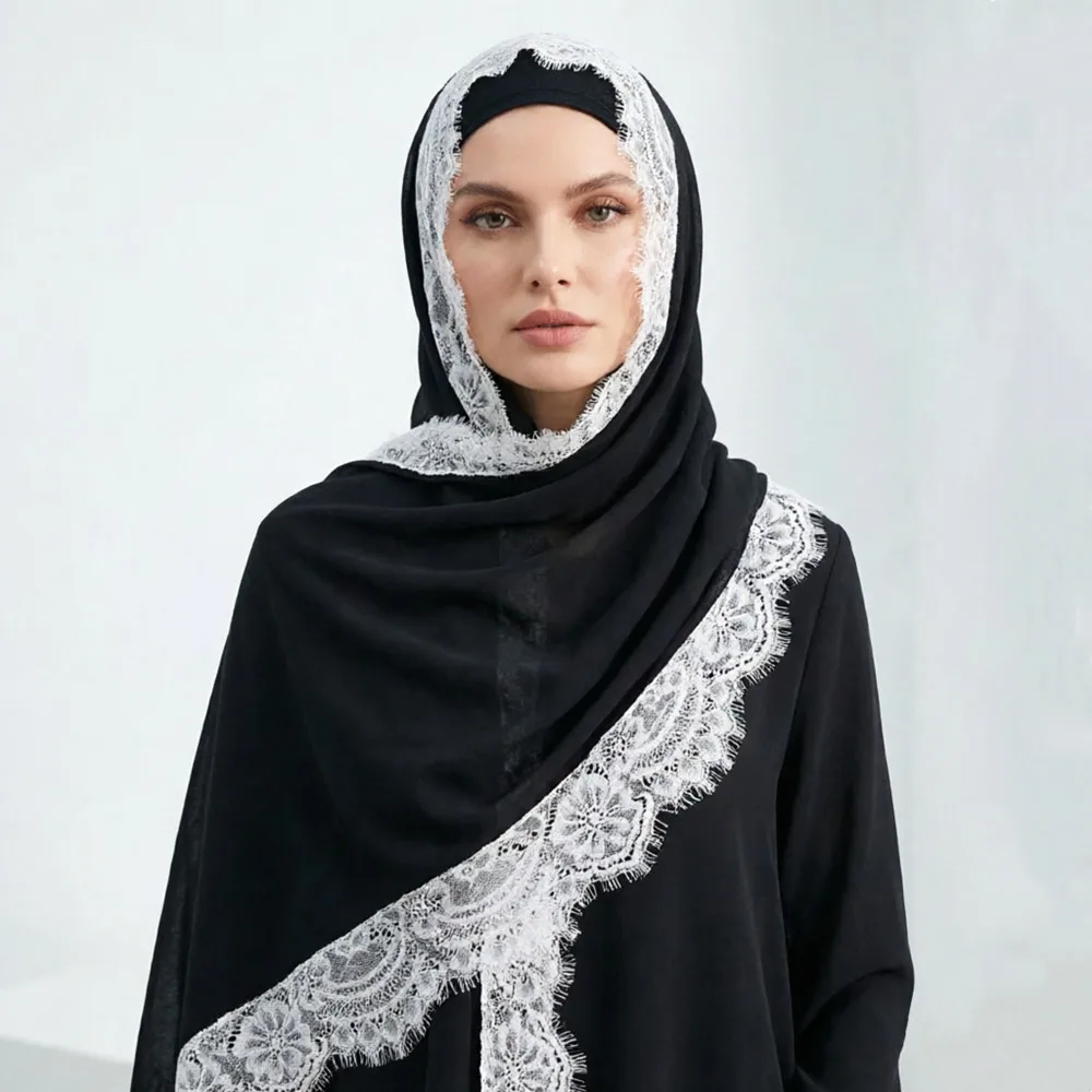 

New Lace Edge Splicing Turban Women Cotton Linen Plain Headscarf Fashion Solid Veil Head Wrap Shawl Sunscreen Cotton Hijab Scarf