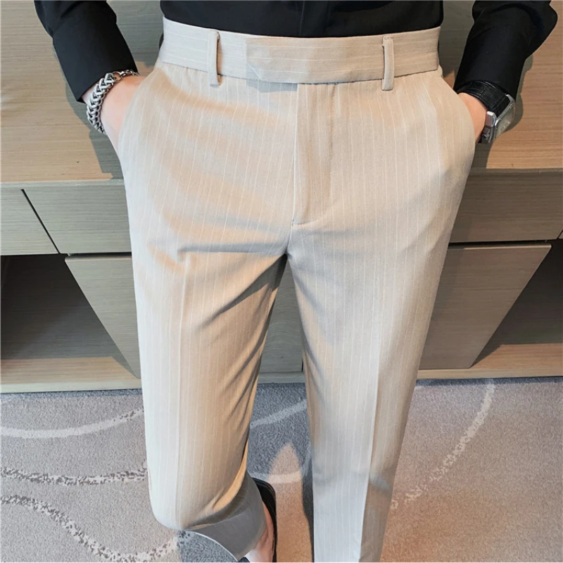 2023 Autumn Winter Striped Suit Pants Men Slim Fit Business Casual Dress Pants Wedding Office Social Trousers Men Clothing