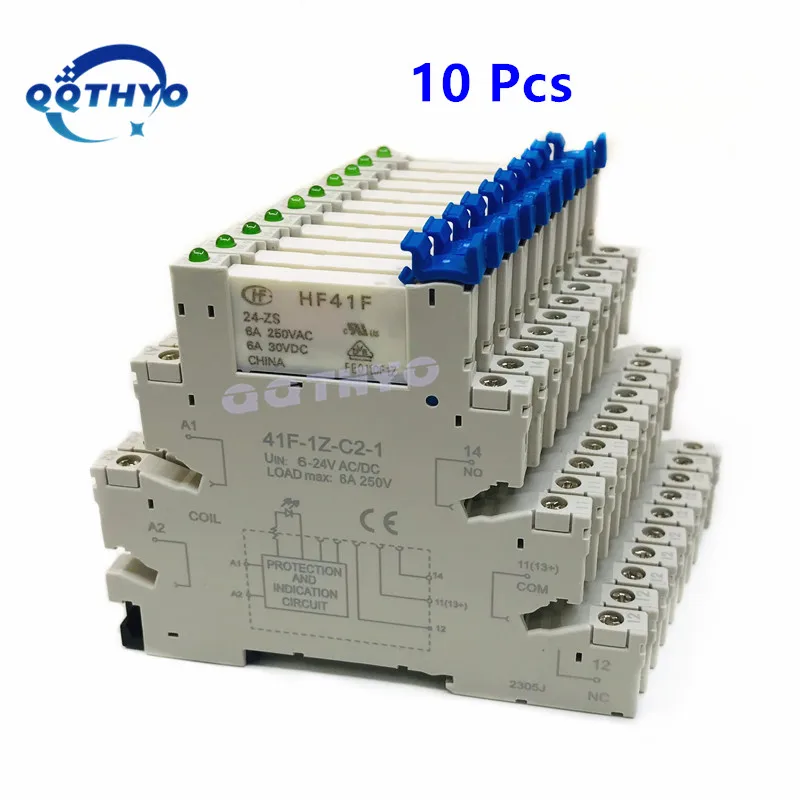 10Pcs 41F-1Z-C2-1 HF41F 5-ZS 12-ZS 24-ZS 5V 12V 24V ZS ZST 230V 6A 1CO Slim/SSR Relay Mount On Screw Socket with LED Wafer relay