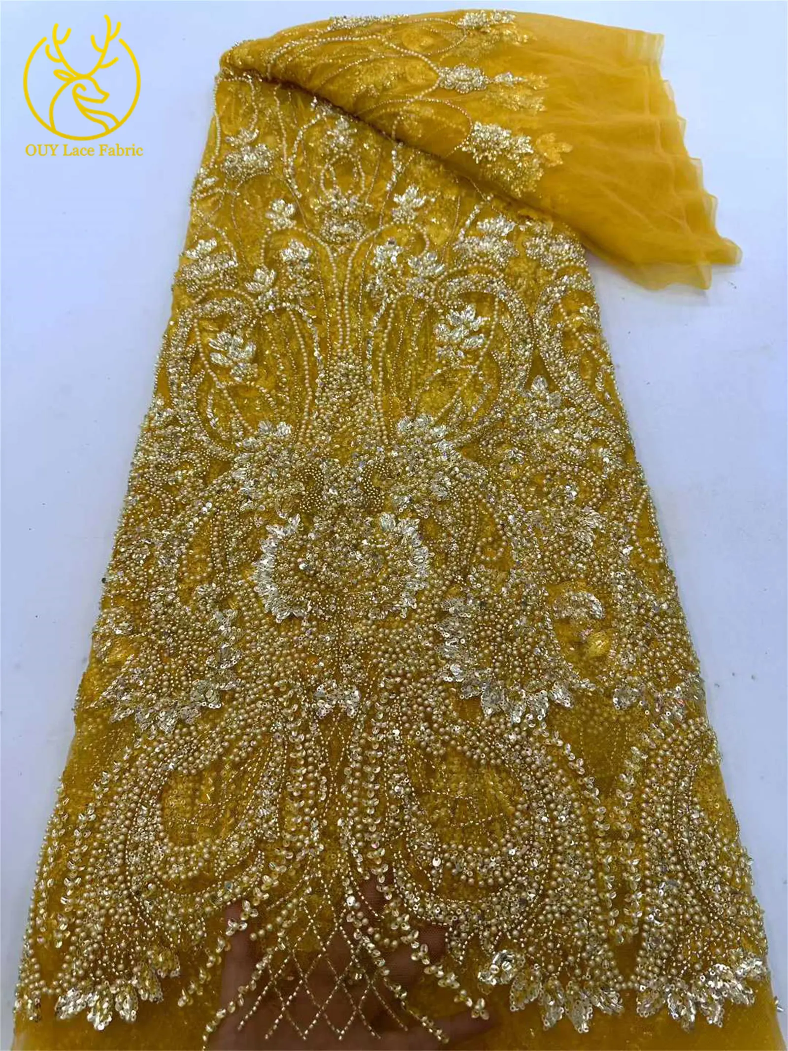 2026 Eleganter, hochwertiger afrikanischer nigerianischer Perlen-Spitzenstoff, luxuriöses französisches Pailletten-Netzgewebe, 5 Yards für Damen-Abendkleider und Partys – Detail 4