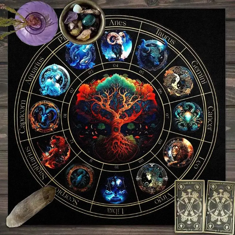 VIKAMA Astrology Energy Tablecloth Tree of Life Zodiac Signs Waterproof Stainless Meditation Divination Theme