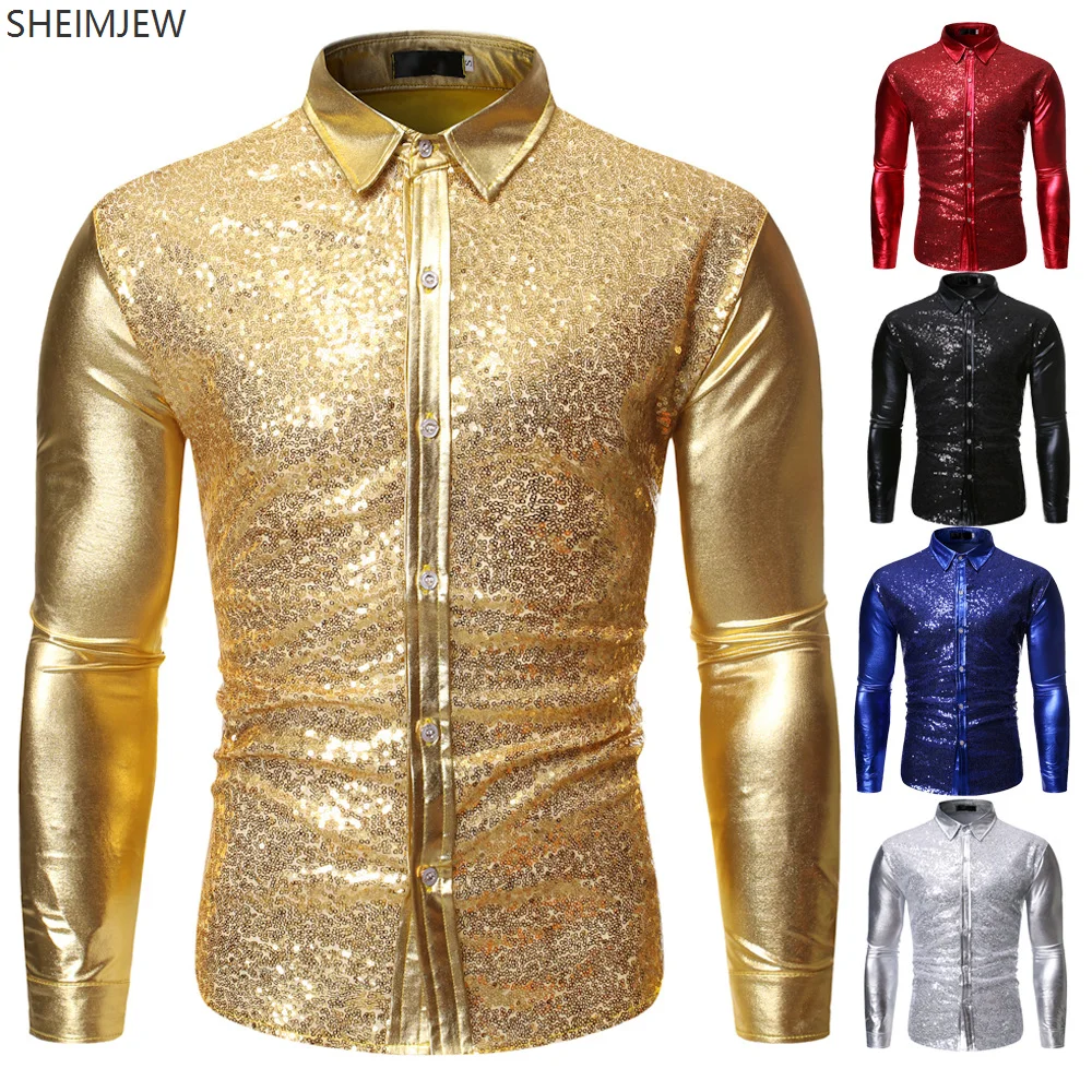 Adult Disco Nightclub Gentleman Role Play Gold Men Shirt Multicolor Fashion Cool Sequin Hot Stamping Stage Performance Tops 2025