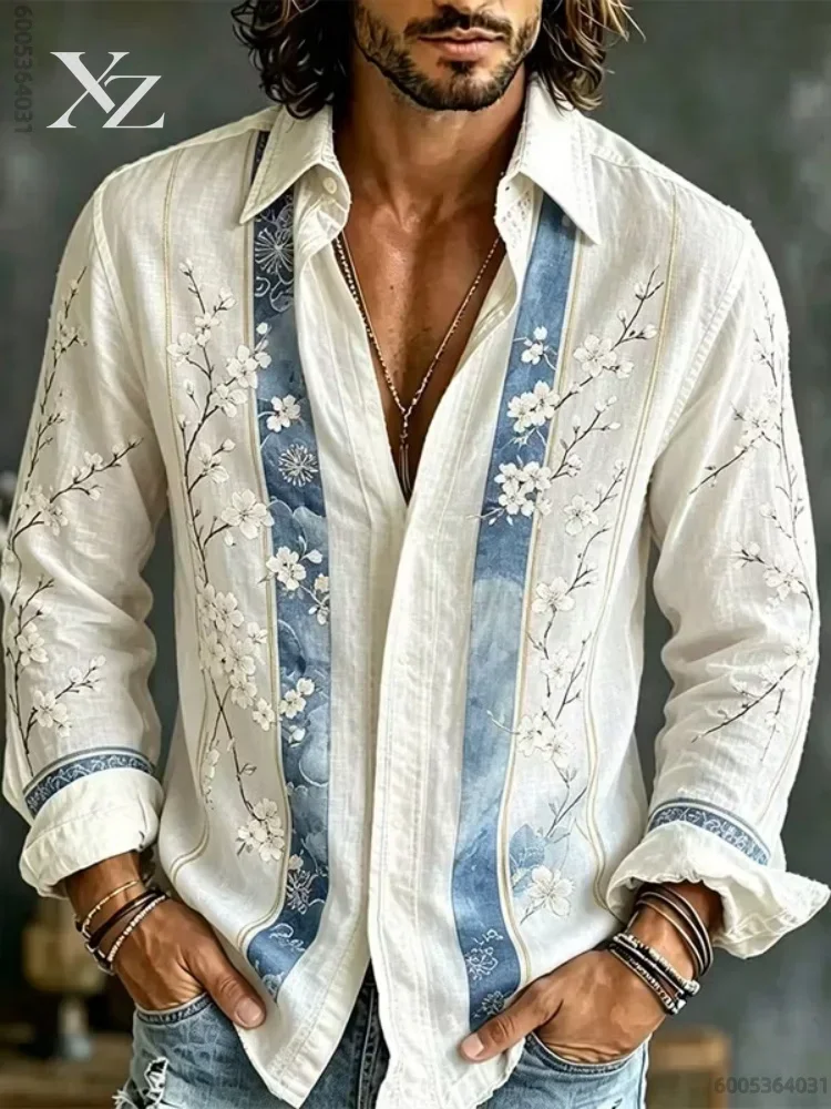 Men's long-sleeved blue and white plum blossom print shirt, versatile fashionable top for daily travel and vacation