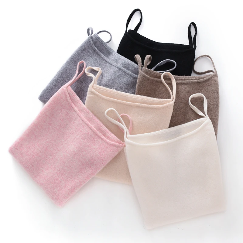 100% Pure Wool Camisole Women's Solid Color Knitted Tops Sling Strap Elastic Slim Soft Comfortable Basic One Collar Vest Summer