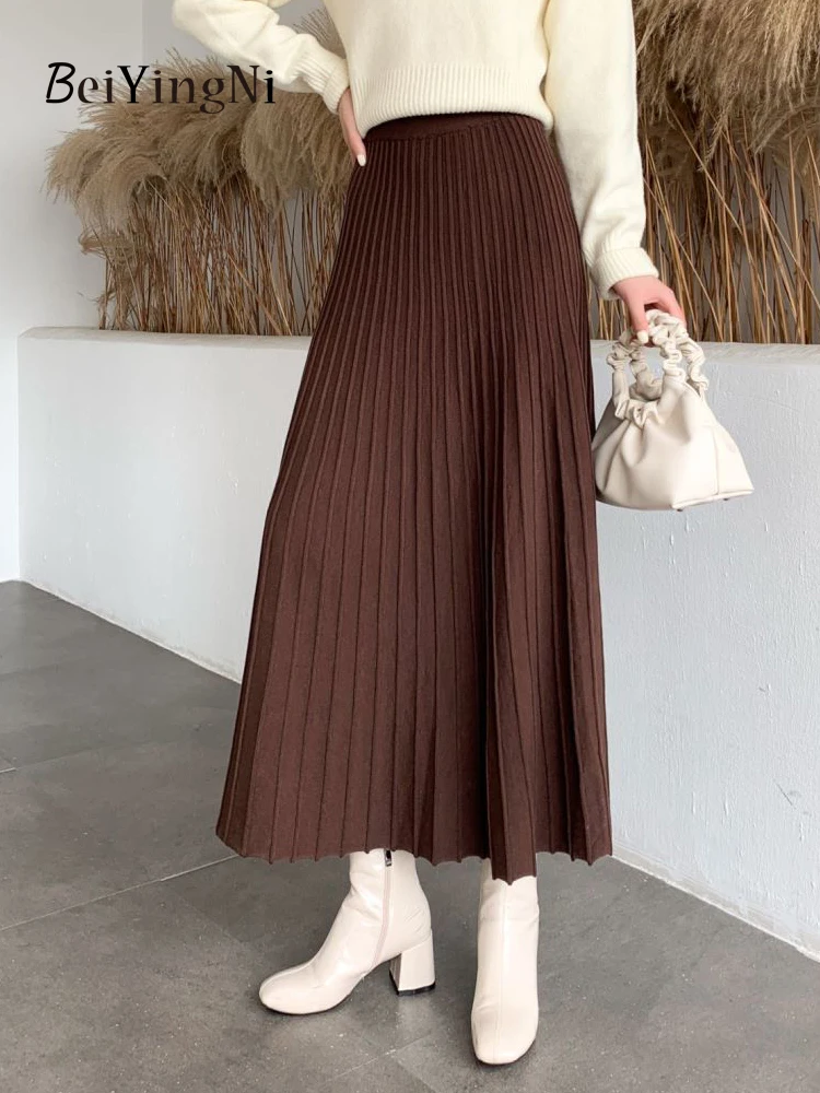 Beiyingni Women Long Maxi Knitted Skirt Autumn Winter Casual Pleated High Waist A-line Skirts 90cm 2022 Korean Fashion Faldas