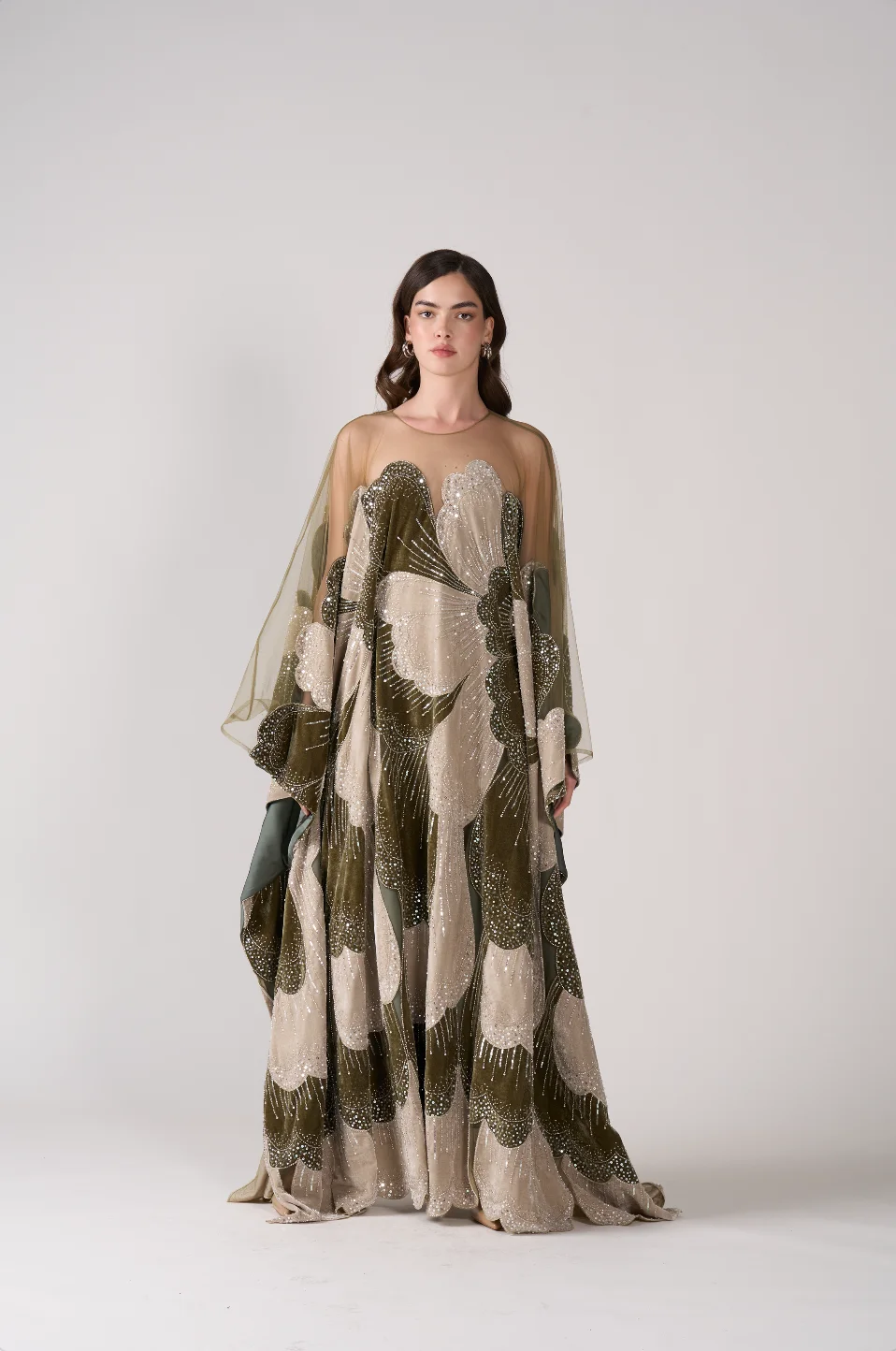 Sharon Said Luxuriöses Grünes Übergroßes Kaftan-Abendkleid mit Weiten Ärmeln, Blumenmuster und Perlen, Grünes Formelles Partykleid SS669 Maßanfertigung – Detail 4