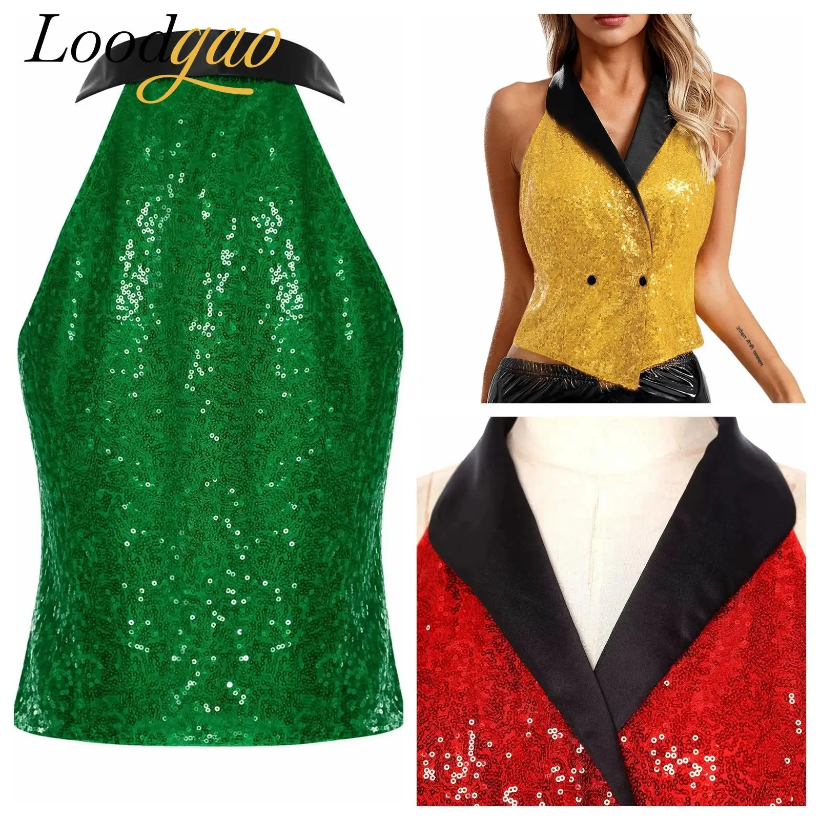 Women's Sparkly Sleeveless Waistcoat Rave Music Festival Glitter Sequin Suit Vest V-neck Hip Hop Jazz Dance Costume Mujer