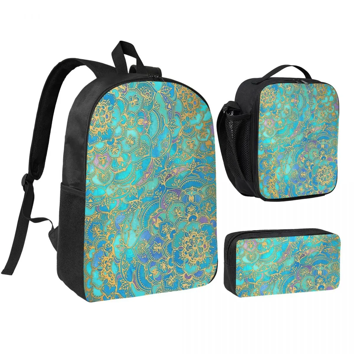 

Sapphire & Jade Stained Glass Mandalas Backpack Boys Girls BookBag School Bag Shoulder Bags 3ps Insulated Lunch Bag Pencil Case