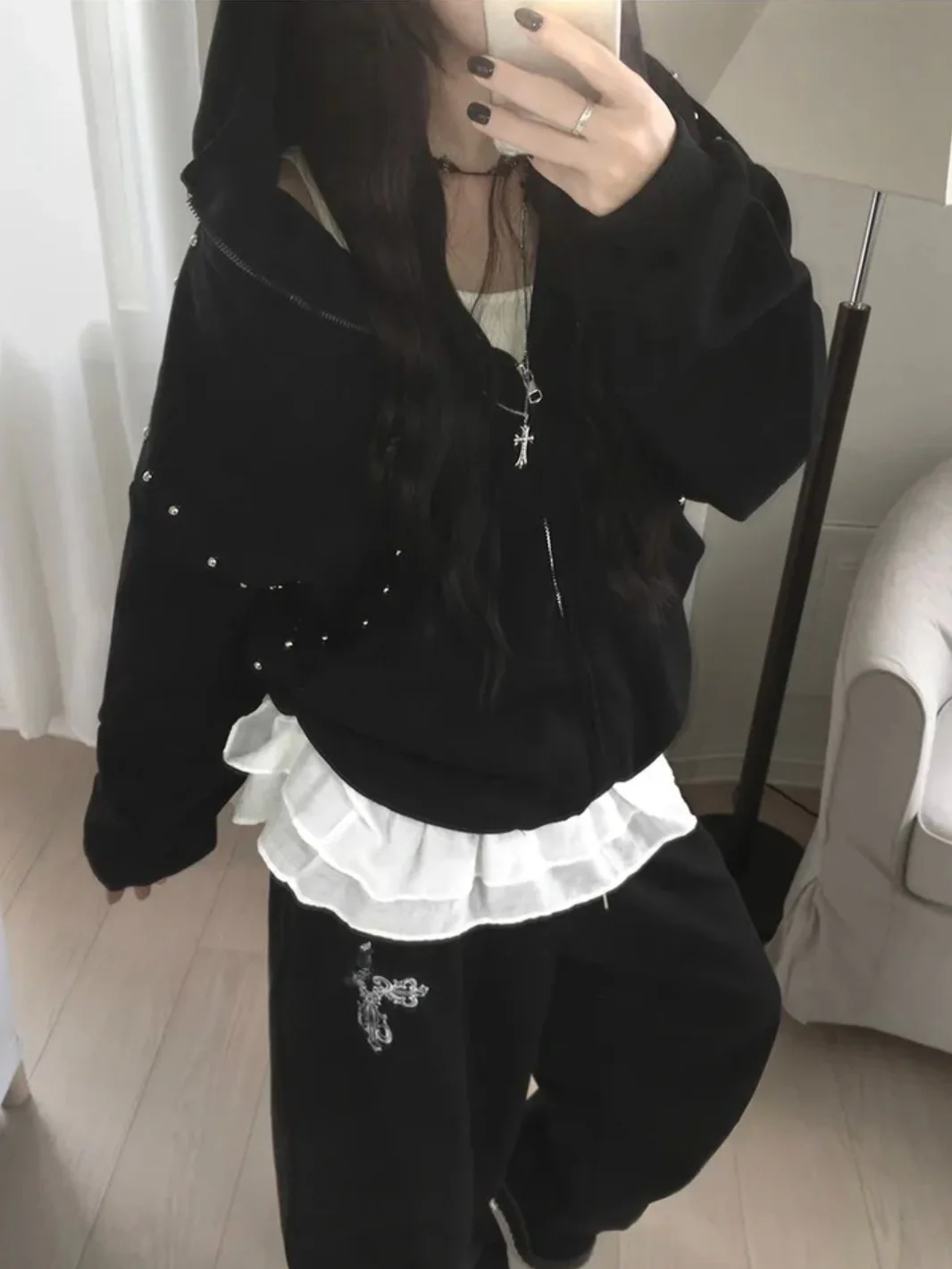 

Street Sle Sweet Cool Design Sense Rivet Zipper Casual Loose Hoodie Jaet Korean Version Long Sve Regular Length