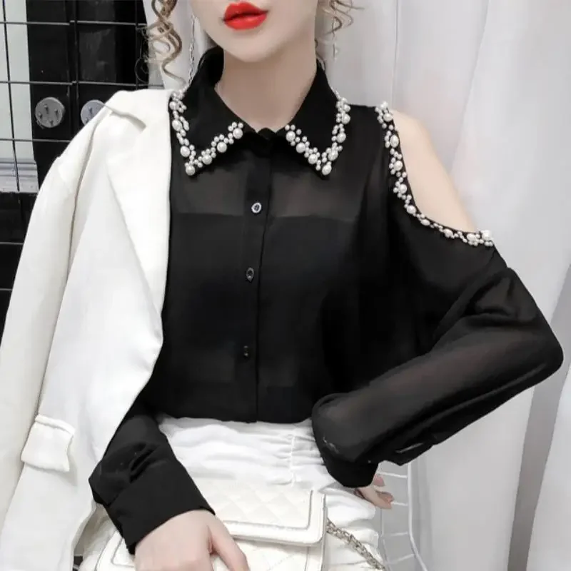 Women Summer Fashion Trend Loose Chiffon Polo-Neck Long Sleeve Shirts Women Clothes Casual Embroidered Flares Strapless Tops