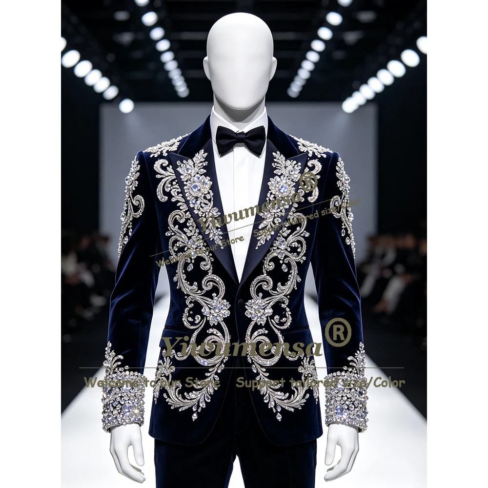 Hand Stitched Beadwork Wedding Suit For Man Peak Lapel Velvet Prom Blazer Pants 2 Piece Sets Male Fashion Clothing Groom Tuxedo